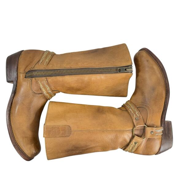 Bed Stu Harness Biker Western Moto Boots Tan Leather Distressed Women Size 10 - Picture 9 of 12